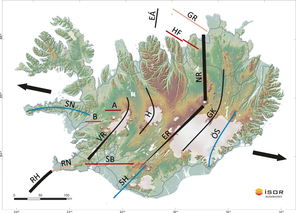 Helstu hnikþættir á Íslandi. Teikn. ÍSOR.